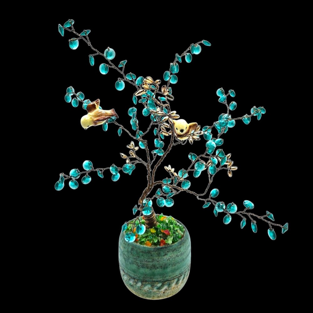 VTG '89 Handmade Bonsai Tree Turquoise Beads Ceramic Birds Pottery Pot Signed